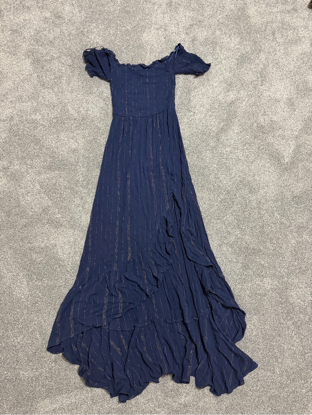Francesca's Collections Navy Blue Maxi Dress with Metallic Stripe Accents